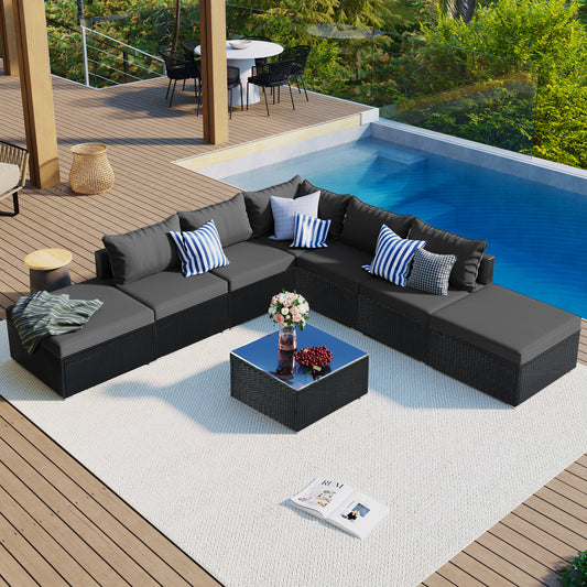 Solvara 8-Piece Wicker Sectional – Modular Black Rattan Sofa Set with Gray Cushions