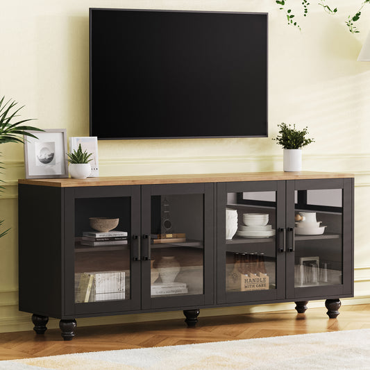 Farmessa Console – Black Farmhouse TV Stand with Tempered Glass Doors (Up to 70")