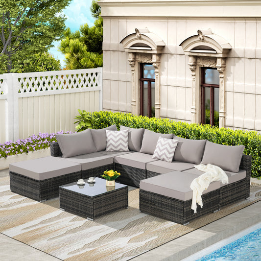 Solvara 8-Piece Wicker Sectional – Outdoor Sofa Set with Cushions & Glass Coffee Table
