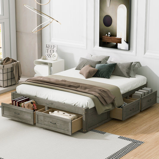 Stravelle Queen Bed – Antique Gray Platform with 6 Storage Drawers