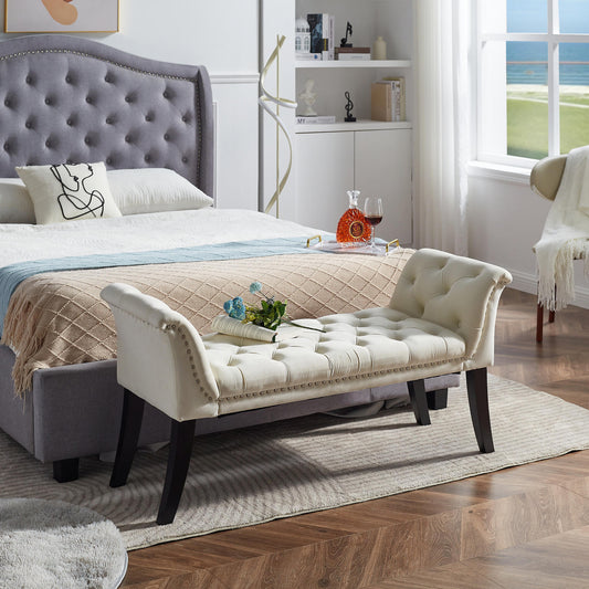 Avelyn Tufted Armrest Bench – Velvet Accent Bench, Rectangular Beige Entryway Seating