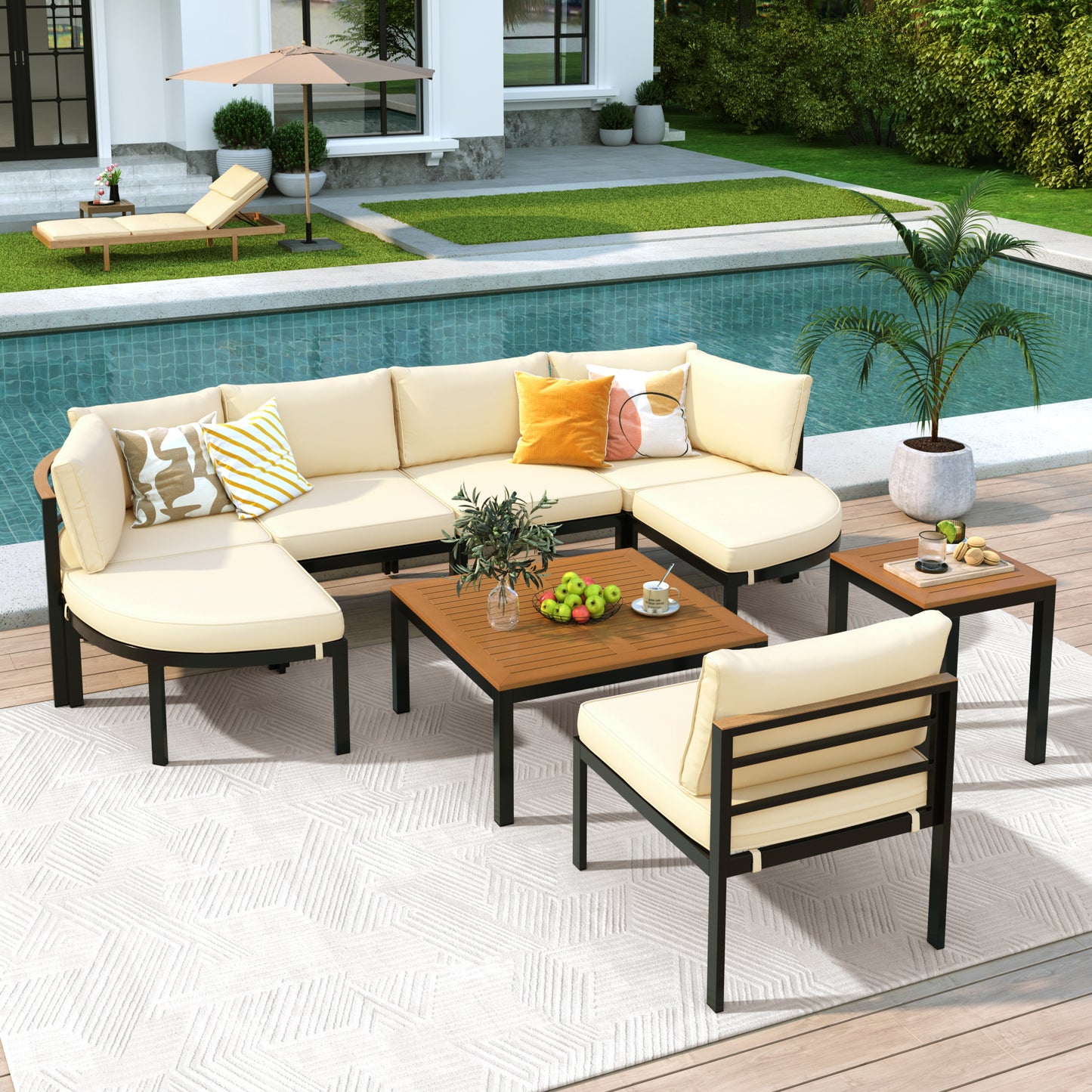 Solvara Sectional Sofa – Beige Modern Outdoor Conversation Set for Patio or Garden