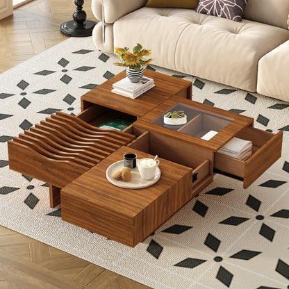 U-Can Trego Table – 33" Mid-Century Square with 3 Drawers, Glass Inlay, and Solid Wood Legs