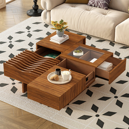 U-Can Trego Table – 33" Mid-Century Square with 3 Drawers, Glass Inlay, and Solid Wood Legs
