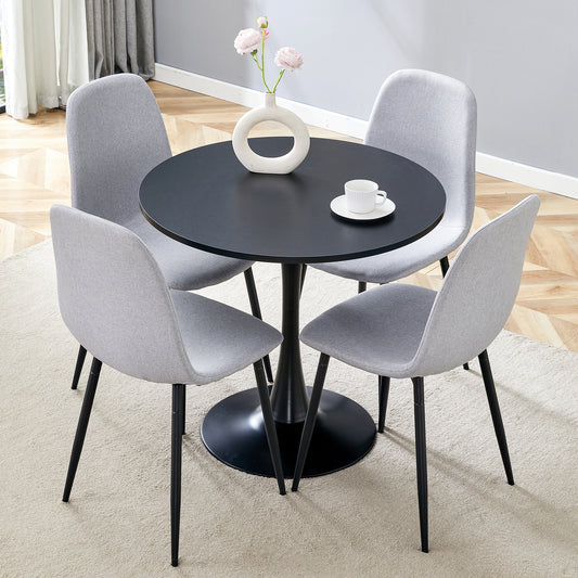 Noxel 5‑Piece Compact Dining Set – Black Round Table with 4 Light Gray Linen Chairs