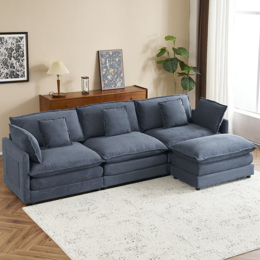 113' Luxe Modular Lounge – Plush Corduroy L-Shape Sofa with Hidden Side Storage (Blue)