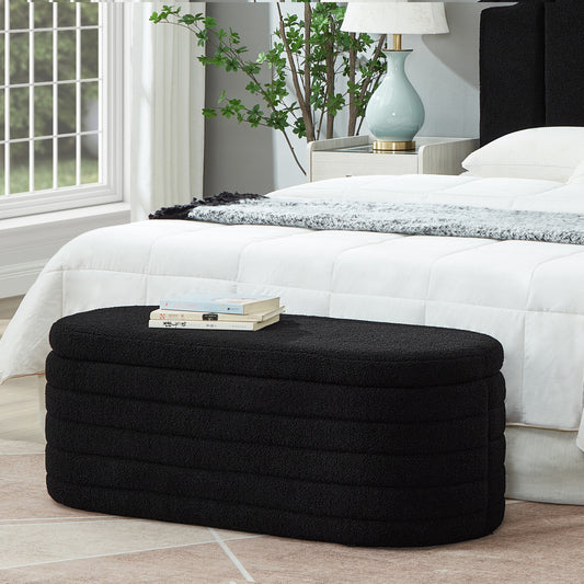 Klovi Oval Storage Bench – Black Bouclé Upholstered Bench with Hidden Storage