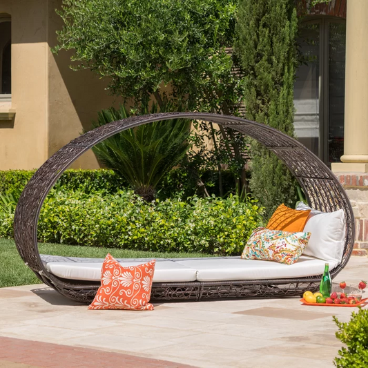 Lavina Canopy Retreat Daybed – Wicker Lounge with Cushions (Multibrown/White)