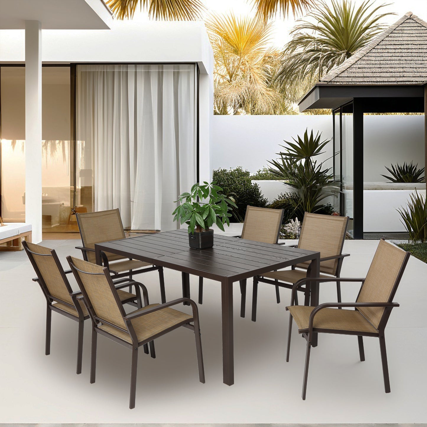 Terrana 7-Piece Patio Dining Set – Brown Table with 6 Stackable Textilene Chairs