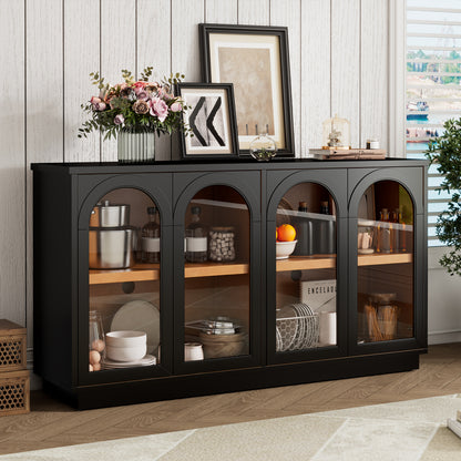 Quavella Sideboard – Black 4-Door Buffet Cabinet with Glass Arched Doors