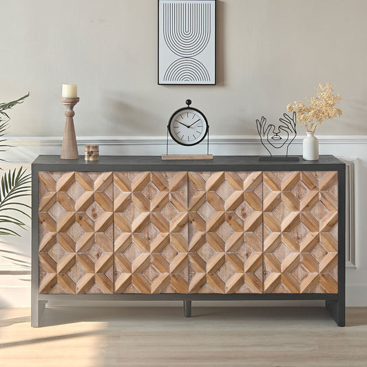 Geomar Cabinet – Rustic 4-Door Storage with Geometric Carved Design