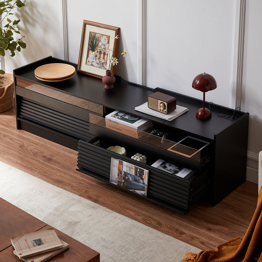 Mirodra LED Console – Glass Drawer TV Stand with Ports & Lights (Repeat)