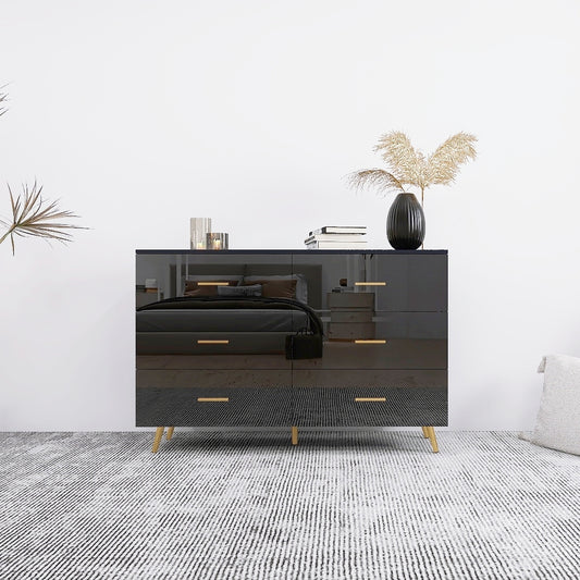 Glowline Noir Console – High Gloss 6-Drawer Dresser with Gold Handles & Steel Legs