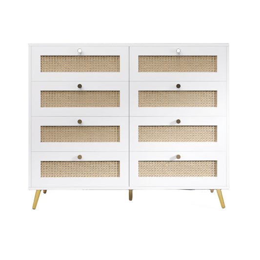 Ravelle 8-Drawer Dresser – White Chest with Rattan Fronts & Gold Accents