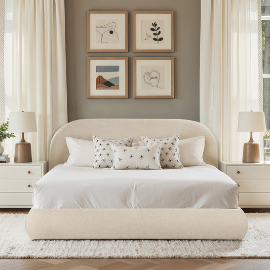 Archava Platform Bed – Oatmeal Light Beige Chenille Upholstered Base