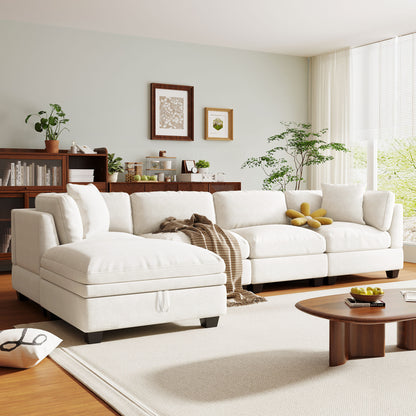 5-Seat Modular Lounge – Upholstered Sofa with Storage Ottoman & Hidden Cup Holders