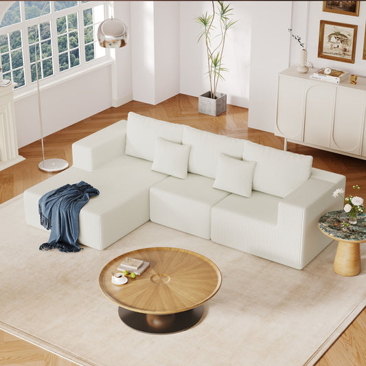 108' Plush Lounge – Cozy Ribbed Comfort Sofa with Extended Lounger (Beige)