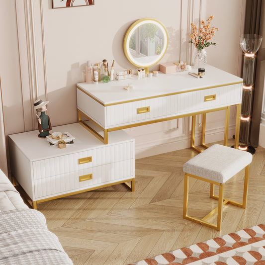 Glowline MoveSet – White & Gold LED Vanity with 4 Drawers, Light Mirror & Rolling Side Cabinet