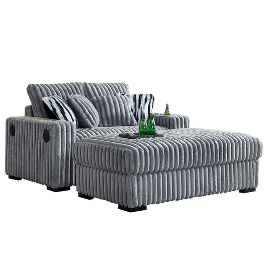 VertaSound™ 61' Tech-Arm Loveseat with Ottoman – Bluetooth, Wireless Charging & USB, Light Grey