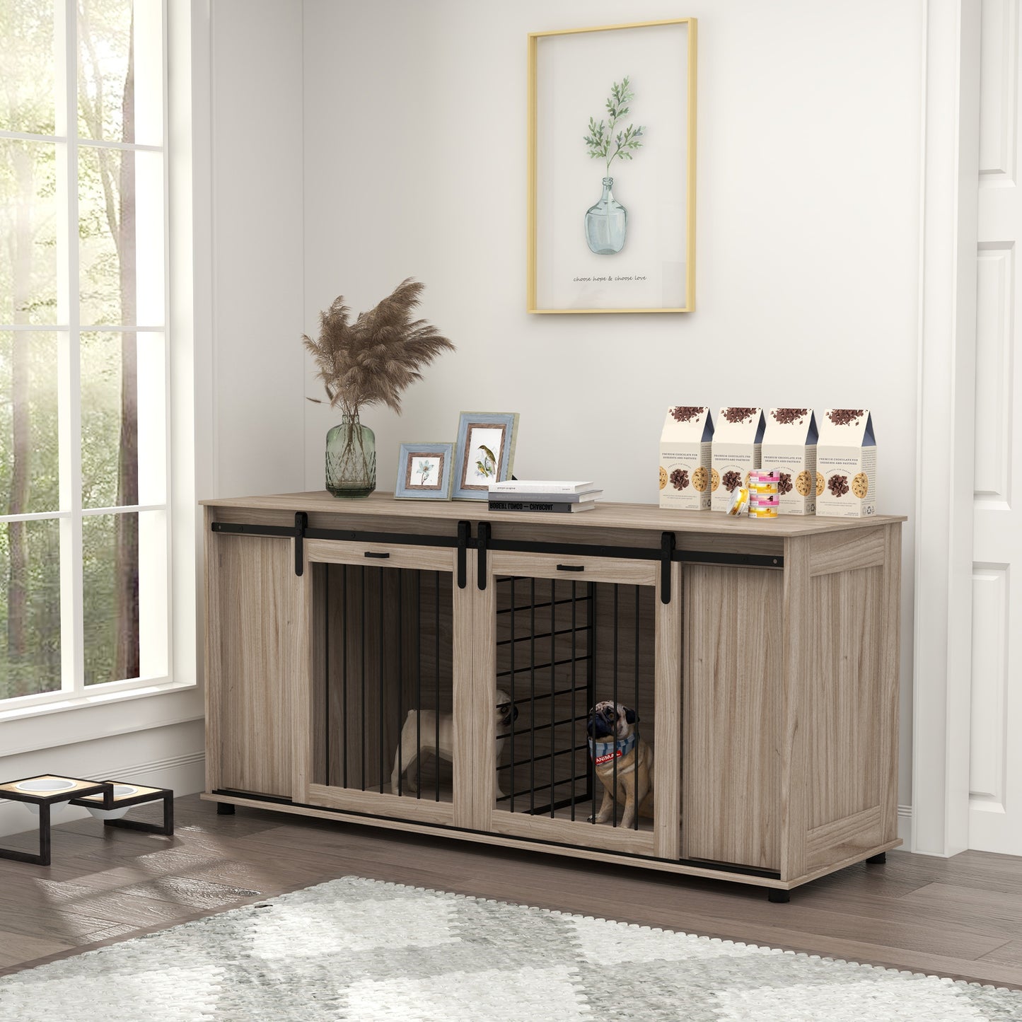 Hollo 71" Dual Crate Console – Walnut Dog Kennel Table with Divider & Storage for 1 or 2 Dogs - JUSTLIVE NESTJUSTLIVE NEST