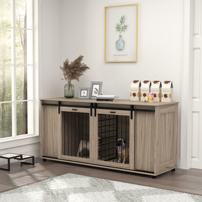 Hollo 71" Dual Crate Console – Walnut Dog Kennel Table with Divider & Storage for 1 or 2 Dogs - JUSTLIVE NESTJUSTLIVE NEST