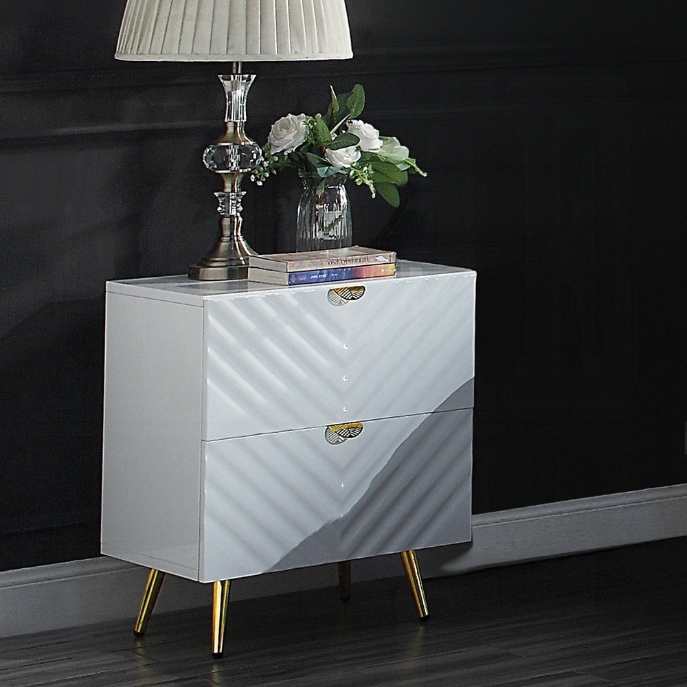 Gavira Gloss Stand – White High Gloss 2-Drawer Nightstand with Smooth Finish