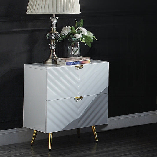 Gavira Gloss Stand – White High Gloss 2-Drawer Nightstand with Smooth Finish
