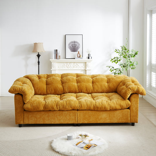 NestEdge ‘CloudNest” 99” Sofa – Sunbeam Yellow Chenille | Deep Seat + Fluffy Comfort
