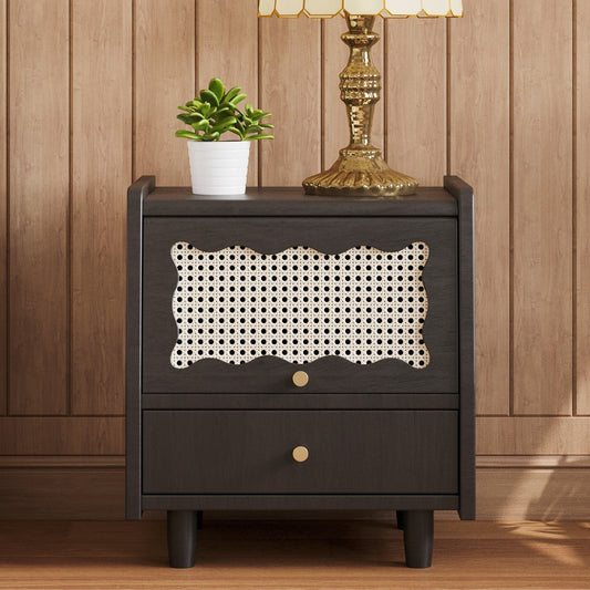 Ravella Woven Stand – Black 1-Drawer Nightstand with Rattan Storage Cabinet