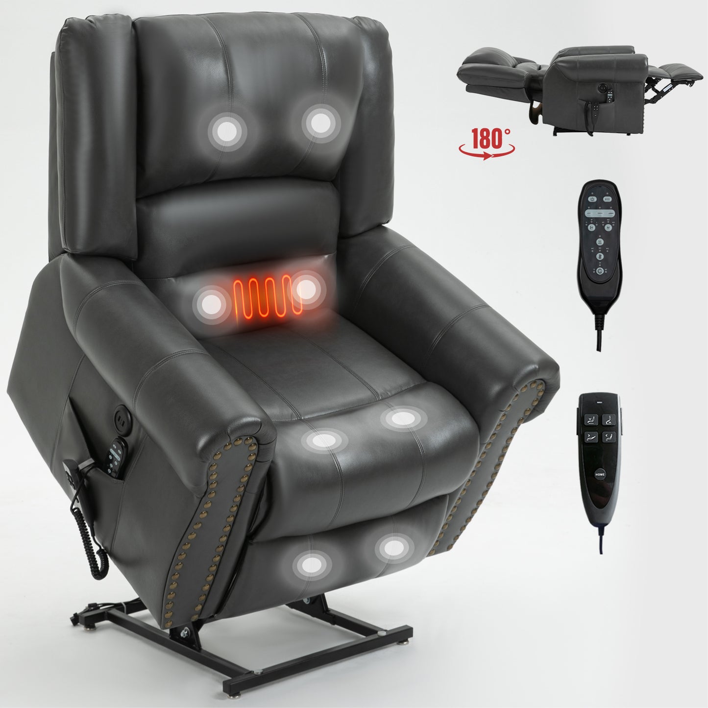 Aureon Max Recliner – Heavy-Duty Faux Leather Lift Chair with Heat, Massage & USB (Grey)
