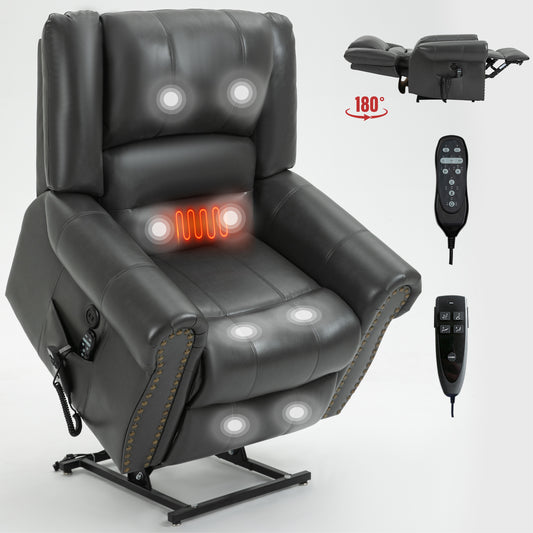 Aureon Max Recliner – Heavy-Duty Faux Leather Lift Chair with Heat, Massage & USB (Grey)