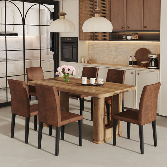 Veltra 7‑Piece Dining Set – Oak-Tone Table with 6 Brown Tech Fabric Chairs