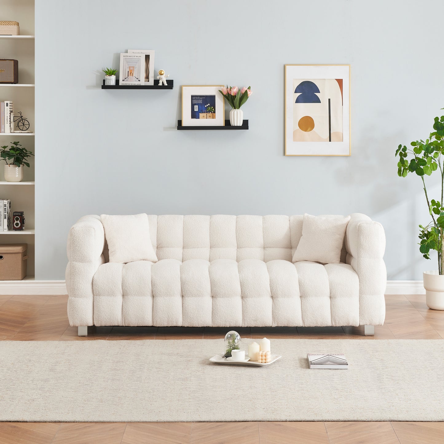 Pluvia Plush Sofa – 80” Beige Teddy Upholstery with Pillows