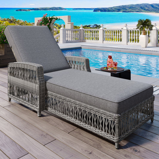 Zelro Wicker Recliner – All-Weather Chaise with Armrests, Adjustable Back & Gray Cushions