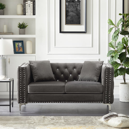 Velmurra™ 59' Grey Velvet Loveseat – Jeweled Button Tufting with Square Arms & Accent Pillows