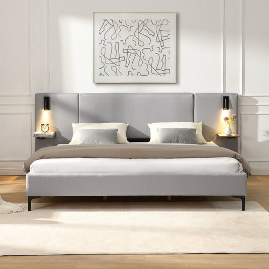 Luntra Luxe King Bed – Grey Linen Frame with Built-In Lights & Floating Shelves