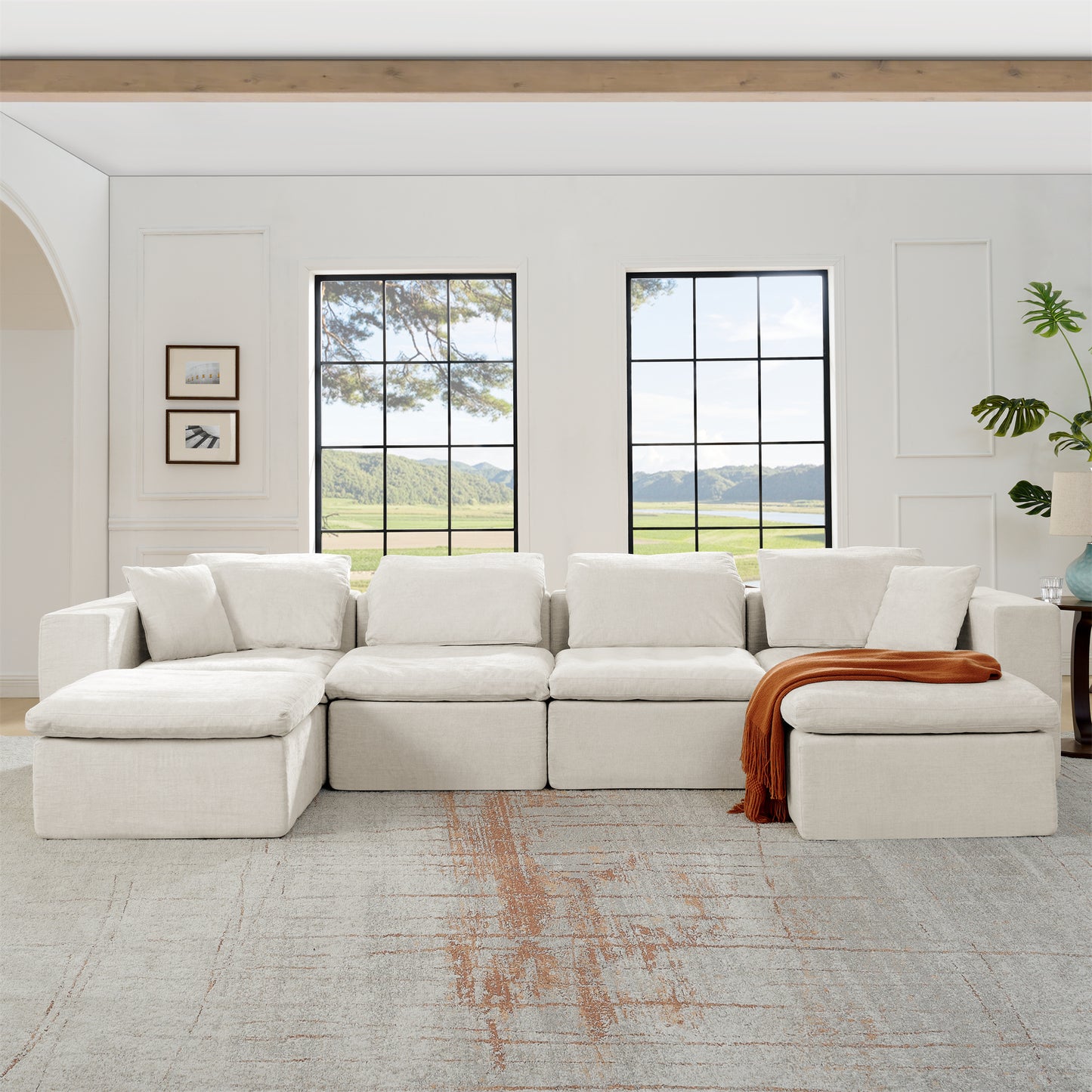 143' Plush Comfort Lounge – U-Shape Modular Sofa with Relax Module (Beige)