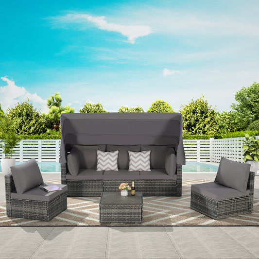 Solvara Daybed Lounge – 5-Piece Wicker Patio Set with Retractable Canopy & Side Table