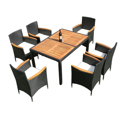 EELIFEE 7-Piece Wicker Dining Set – Outdoor PE Rattan Chairs with Acacia Wood Tabletop