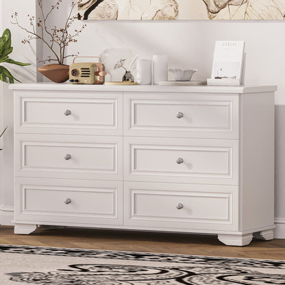 Hawen Retro Dresser – White 6-Drawer Cabinet with Metal Pulls & Soft-Edge Build