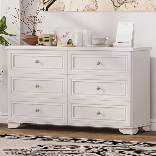 Hawen Retro Dresser – White 6-Drawer Cabinet with Metal Pulls & Soft-Edge Build