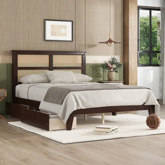 Ravella Full Bed – Espresso Wood Frame with Rattan Headboard & Storage Drawers