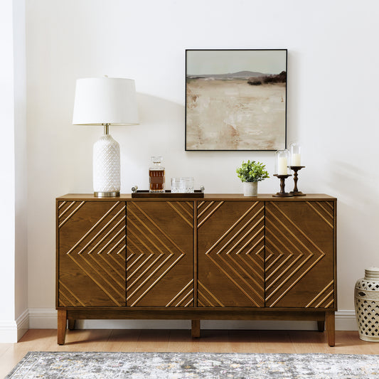 Farmcrest Fluted Cabinet – 60.5'' Walnut Buffet with Geometric Doors and Shelf Storage