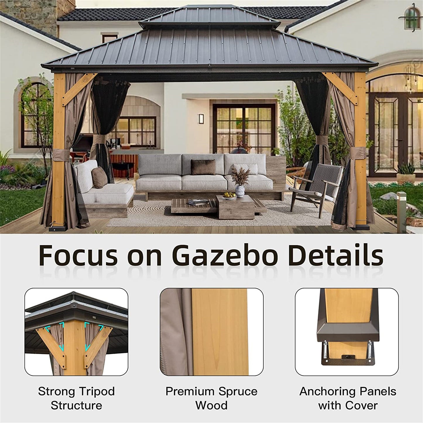 Aurelia 12x14' Cedar Hardtop Gazebo – Galvanized Steel Roof Pavilion with Curtains & Netting (Brown) - JUSTLIVE NESTJUSTLIVE NEST