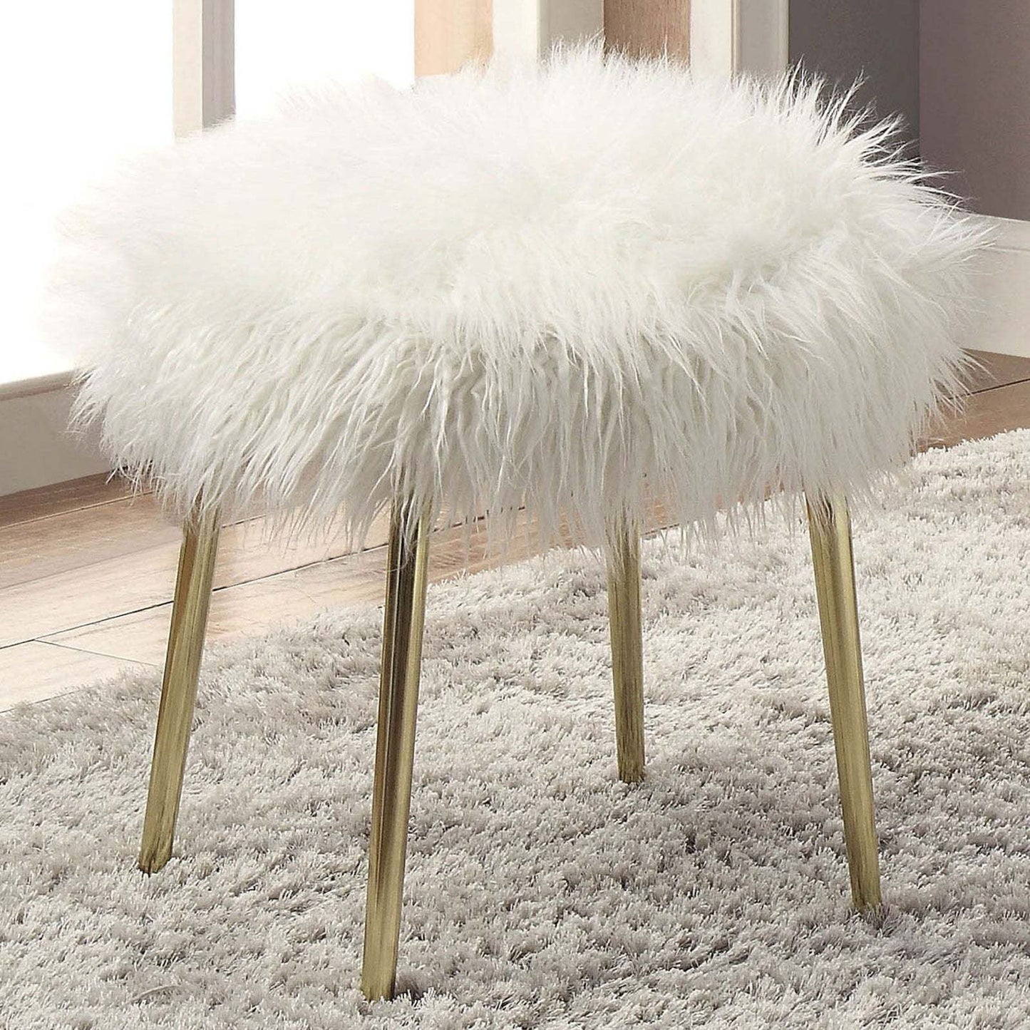 Gemma Ottoman – White Faux Fur Glam Seat with Gold Touch
