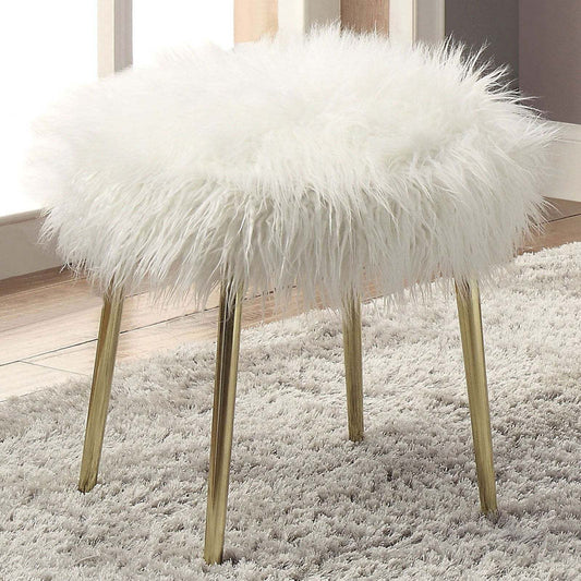 Gemma Ottoman – White Faux Fur Glam Seat with Gold Touch