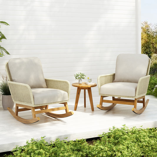 Terrana 3-Piece Rocker Set – Ivory Cushioned PE Rattan Chairs with Wood Accent Table