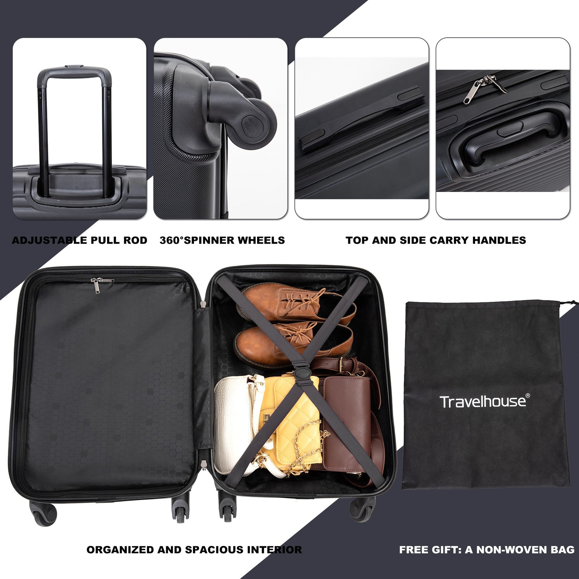 Jetera 3 - Piece ABS Luggage Set – Black Lightweight Suitcases with Spinner Wheels & TSA Lock (20"/24"/28") - JUSTLIVE NESTJUSTLIVE NEST