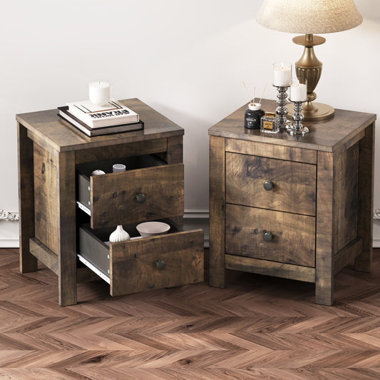 Farmessa Walnut Duo – Retro 2-Drawer Farmhouse Nightstand Set in Antique Wood Tone