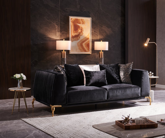 Velvique™ Black Frame Loveseat – Shiny Thick Velvet Upholstered 2-Seater with Wood Finish